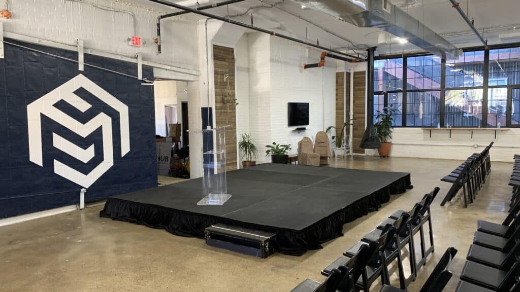 stage, stage platform, platform, staging, performance stage, p4 hub, lucite podium, acrylic podium, stage skirt