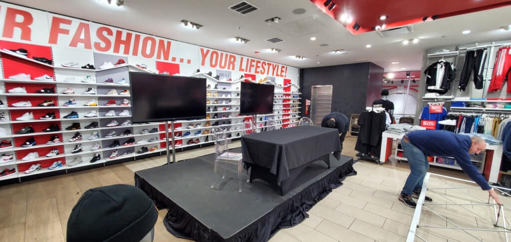 stage, stage platform, platform, staging, big screen tv, large screen tv, stage design, dtlr, dtlr meet and greet, stage skirt