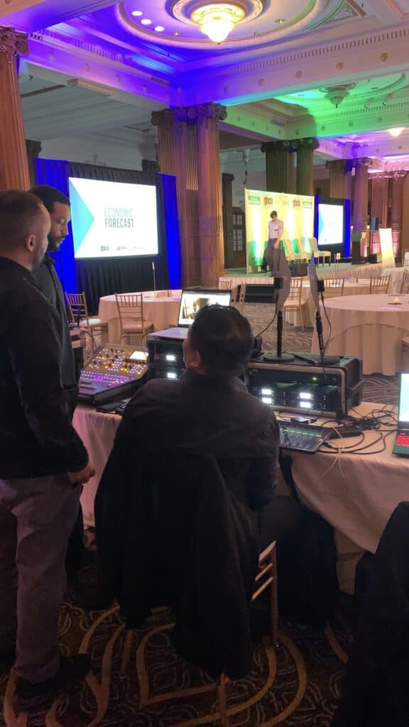 projection, screen, audio visual, tech table, ballroom, corporate, meeting, economic forecast, philadelphia business journal