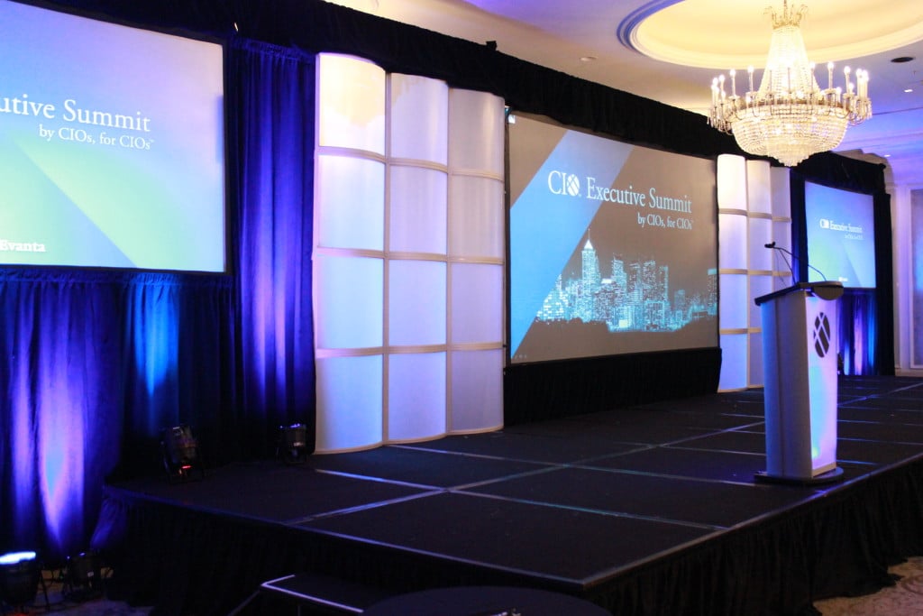 projection, screen, audio visual, ballroom, cis executive summit, stage design, podium, stage lighting, podium, blue lighting, blue light