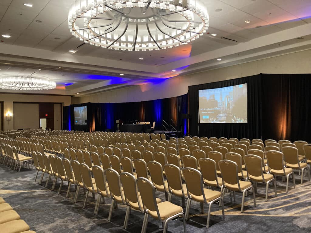 projection, screen, audio visual, ballroom, corporate, meeting, pipe and drape, empty room, conference
